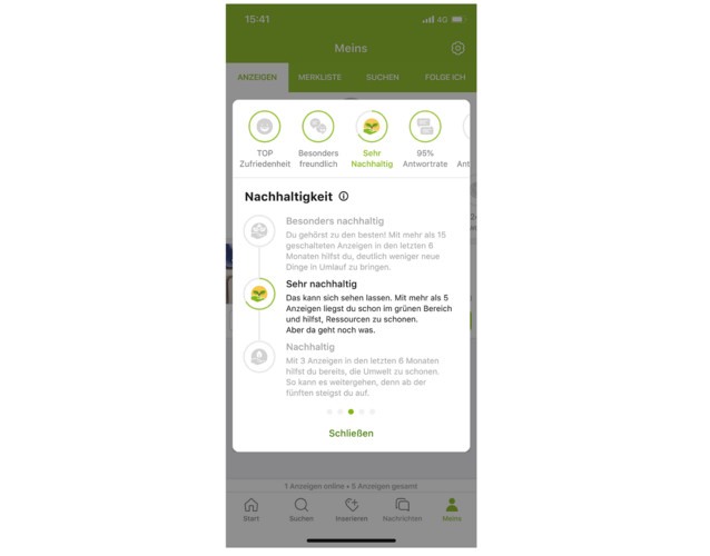 iOS Badge Übersicht mit Popup für Nachhaltigkeits Level