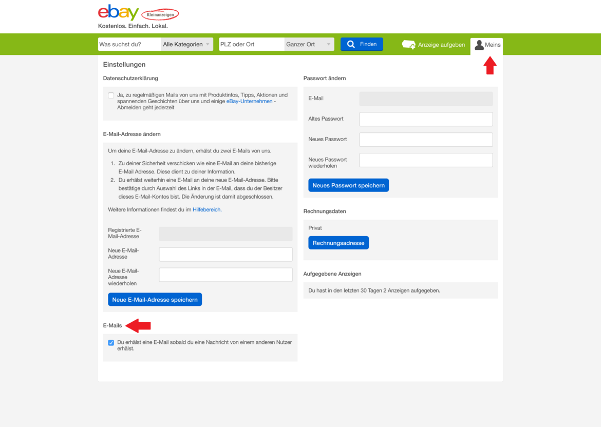 Kleinanzeigen ebay benachrichtigung email ausschalten E Mail